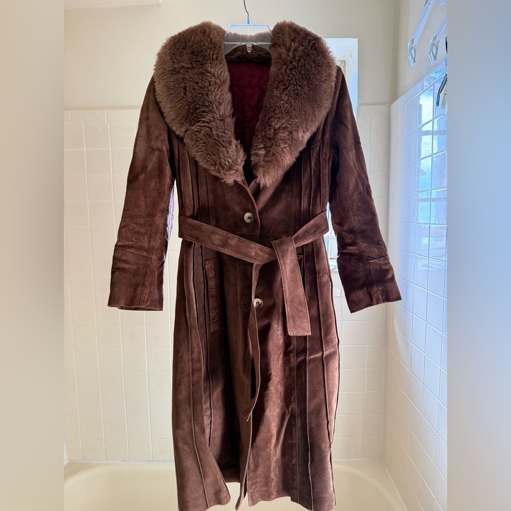 Brown Suede Faux Fur Collar Coat